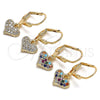 Oro Laminado Threader Earring, Gold Filled Style Heart Design, with Multicolor Micro Pave, Polished, Golden Finish, 02.210.0345.1