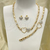Oro Laminado Necklace, Bracelet and Earring, Gold Filled Style Heart and Hugs and Kisses Design, with White Crystal, Polished, Golden Finish, 06.372.0005