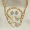 Oro Laminado Necklace, Bracelet and Earring, Gold Filled Style Heart and Hugs and Kisses Design, with White Crystal, Polished, Golden Finish, 06.372.0005