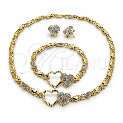 Oro Laminado Necklace, Bracelet and Earring, Gold Filled Style Heart and Hugs and Kisses Design, with White Crystal, Polished, Golden Finish, 06.372.0005