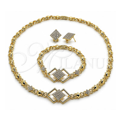 Oro Laminado Necklace, Bracelet and Earring, Gold Filled Style Hugs and Kisses Design, with White Crystal, Polished, Golden Finish, 06.372.0010