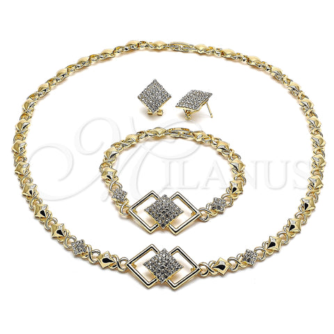 Oro Laminado Necklace, Bracelet and Earring, Gold Filled Style Hugs and Kisses Design, with White Crystal, Polished, Golden Finish, 06.372.0010