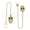 Oro Laminado Threader Earring, Gold Filled Style Owl Design, with Black and White Micro Pave, Polished, Golden Finish, 02.210.0347