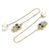 Oro Laminado Threader Earring, Gold Filled Style Owl Design, with Black and White Micro Pave, Polished, Golden Finish, 02.210.0347