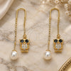 Oro Laminado Threader Earring, Gold Filled Style Owl Design, with Black and White Micro Pave, Polished, Golden Finish, 02.210.0347