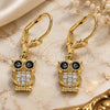 Oro Laminado Dangle Earring, Gold Filled Style Owl Design, with Black and White Micro Pave, Polished, Golden Finish, 02.210.0348