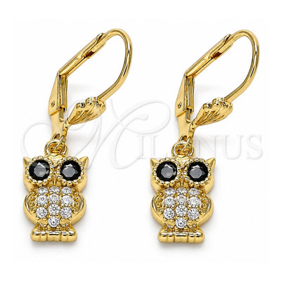 Oro Laminado Dangle Earring, Gold Filled Style Owl Design, with Black and White Micro Pave, Polished, Golden Finish, 02.210.0348