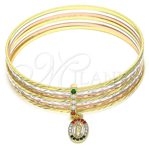 Oro Laminado Semanario Bangle, Gold Filled Style Guadalupe Design, with Multicolor Crystal, Diamond Cutting Finish, Tricolor, 07.253.0003.06 (02 MM Thickness, Size 6 (2.75 Diameter))