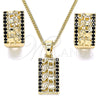 Oro Laminado Earring and Pendant Adult Set, Gold Filled Style Elephant Design, with Black Micro Pave, Polished, Golden Finish, 10.210.0113.4