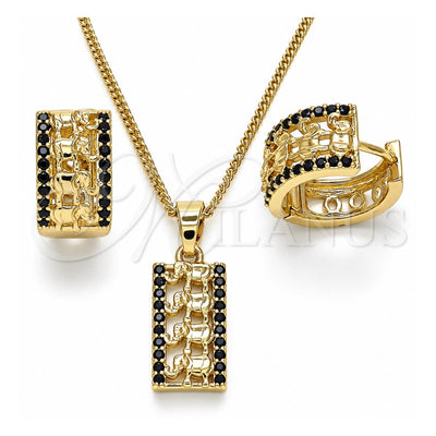 Oro Laminado Earring and Pendant Adult Set, Gold Filled Style Elephant Design, with Black Micro Pave, Polished, Golden Finish, 10.210.0113.4
