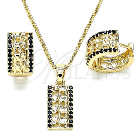 Oro Laminado Earring and Pendant Adult Set, Gold Filled Style Elephant Design, with Black Micro Pave, Polished, Golden Finish, 10.210.0113.4