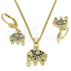 Oro Laminado Earring and Pendant Adult Set, Gold Filled Style Elephant Design, with Black Cubic Zirconia, Polished, Golden Finish, 10.316.0020.2