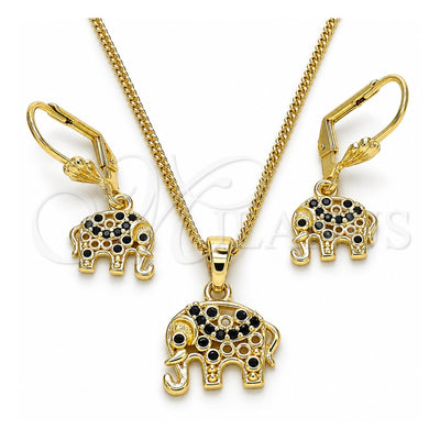Oro Laminado Earring and Pendant Adult Set, Gold Filled Style Elephant Design, with Black Cubic Zirconia, Polished, Golden Finish, 10.316.0020.2