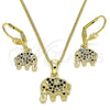 Oro Laminado Earring and Pendant Adult Set, Gold Filled Style Elephant Design, with Black Cubic Zirconia, Polished, Golden Finish, 10.316.0020.2