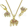 Oro Laminado Earring and Pendant Adult Set, Gold Filled Style Elephant Design, with Garnet Cubic Zirconia, Polished, Golden Finish, 10.316.0020.3