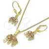 Oro Laminado Earring and Pendant Adult Set, Gold Filled Style Elephant Design, with Garnet Cubic Zirconia, Polished, Golden Finish, 10.316.0020.3