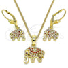 Oro Laminado Earring and Pendant Adult Set, Gold Filled Style Elephant Design, with Garnet Cubic Zirconia, Polished, Golden Finish, 10.316.0020.3