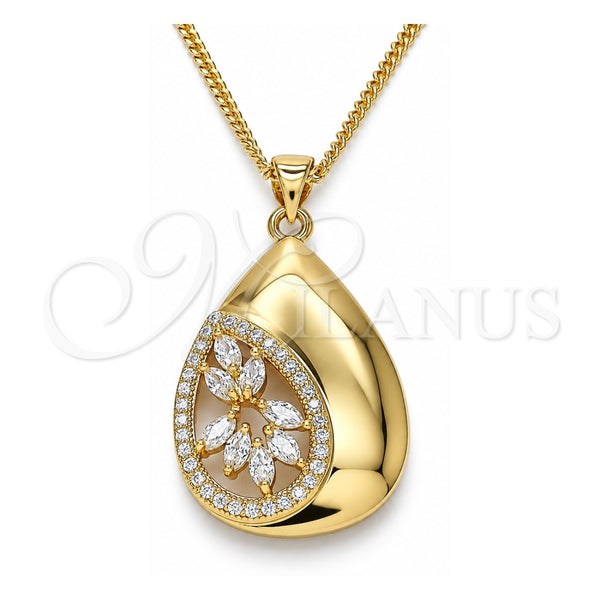 Oro Laminado Pendant Necklace, Gold Filled Style Teardrop Design, with White Cubic Zirconia and White Micro Pave, Polished, Golden Finish, 04.213.0182.20 (02 MM Thickness, 20 Inches Length)