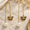 Oro Laminado Threader Earring, Gold Filled Style Butterfly Design, with Black Crystal, Polished, Golden Finish, 02.253.0005.1