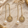 Oro Laminado Threader Earring, Gold Filled Style Guadalupe Design, with White Crystal, Polished, Golden Finish, 02.253.0007
