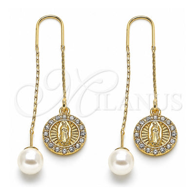 Oro Laminado Threader Earring, Gold Filled Style Guadalupe Design, with White Crystal, Polished, Golden Finish, 02.253.0007