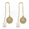Oro Laminado Threader Earring, Gold Filled Style Guadalupe Design, with White Crystal, Polished, Golden Finish, 02.253.0007