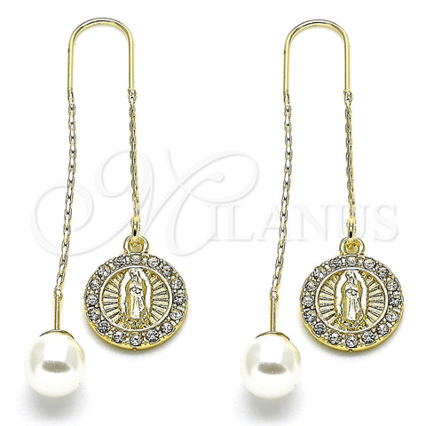 Oro Laminado Threader Earring, Gold Filled Style Guadalupe Design, with White Crystal, Polished, Golden Finish, 02.253.0007