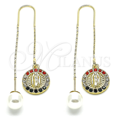 Oro Laminado Threader Earring, Gold Filled Style Guadalupe Design, with Multicolor Crystal, Polished, Golden Finish, 02.253.0007.1
