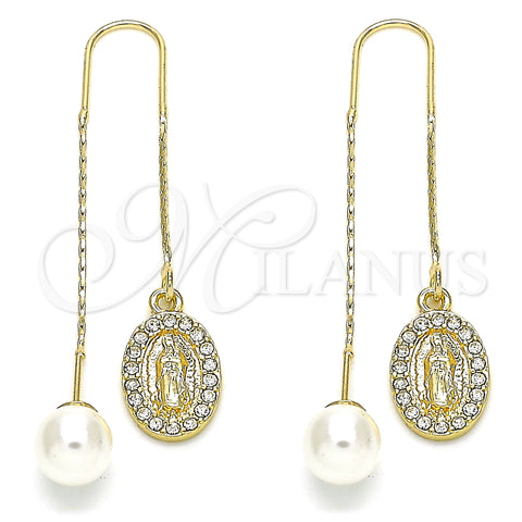 Oro Laminado Threader Earring, Gold Filled Style Guadalupe Design, with White Crystal, Polished, Golden Finish, 02.253.0008