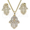 Oro Laminado Earring and Pendant Adult Set, Gold Filled Style Hand of God Design, with White Micro Pave, Polished, Golden Finish, 10.284.0005