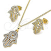 Oro Laminado Earring and Pendant Adult Set, Gold Filled Style Hand of God Design, with White Micro Pave, Polished, Golden Finish, 10.284.0005