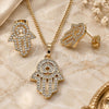 Oro Laminado Earring and Pendant Adult Set, Gold Filled Style Hand of God and Judaica Design, with White Micro Pave, Polished, Golden Finish, 10.284.0005