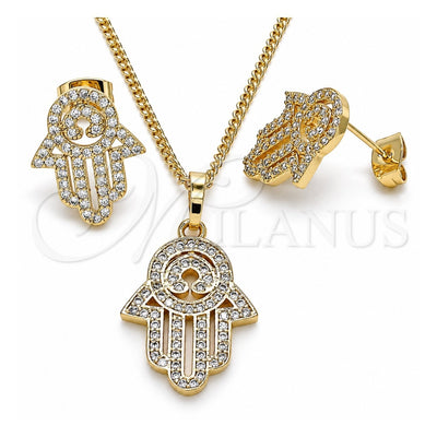 Oro Laminado Earring and Pendant Adult Set, Gold Filled Style Hand of God and Judaica Design, with White Micro Pave, Polished, Golden Finish, 10.284.0005