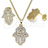 Oro Laminado Earring and Pendant Adult Set, Gold Filled Style Hand of God Design, with White Micro Pave, Polished, Golden Finish, 10.284.0005