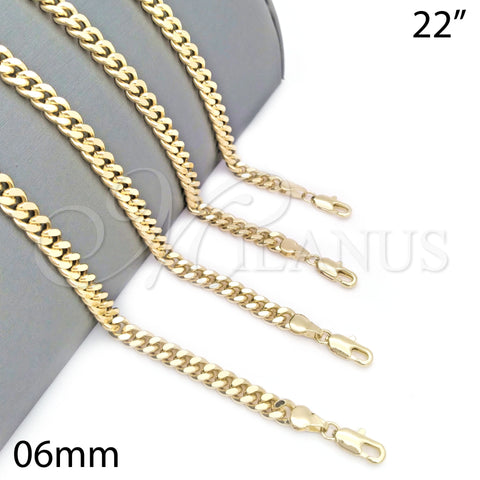 Oro Laminado Basic Necklace, Gold Filled Style Miami Cuban Design, Polished, Golden Finish, 04.63.1398.22 (160 Gauge, 06 MM Thickness, 22 Inches Length)