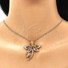 Oro Laminado Pendant Necklace, Gold Filled Style Dragon-Fly and Flower Design, with Multicolor Cubic Zirconia, Polished, Golden Finish, 04.283.0014.2.20 (02 MM Thickness, 20 Inches Length)