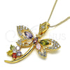 Oro Laminado Pendant Necklace, Gold Filled Style Dragon-Fly and Flower Design, with Multicolor Cubic Zirconia, Polished, Golden Finish, 04.283.0014.2.20 (02 MM Thickness, 20 Inches Length)