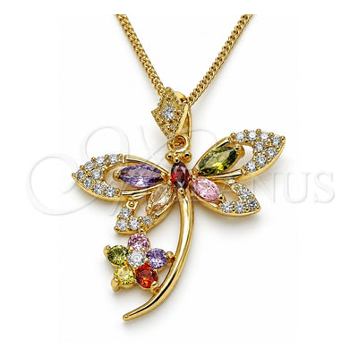 Oro Laminado Pendant Necklace, Gold Filled Style Dragon-Fly and Flower Design, with Multicolor Cubic Zirconia, Polished, Golden Finish, 04.283.0014.2.20 (02 MM Thickness, 20 Inches Length)