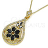 Oro Laminado Pendant Necklace, Gold Filled Style Teardrop and Flower Design, with Black and White Cubic Zirconia, Polished, Golden Finish, 04.283.0021.1.20 (02 MM Thickness, 20 Inches Length)