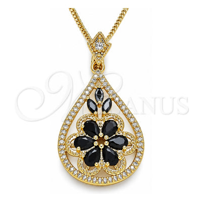 Oro Laminado Pendant Necklace, Gold Filled Style Teardrop and Flower Design, with Black and White Cubic Zirconia, Polished, Golden Finish, 04.283.0021.1.20 (02 MM Thickness, 20 Inches Length)