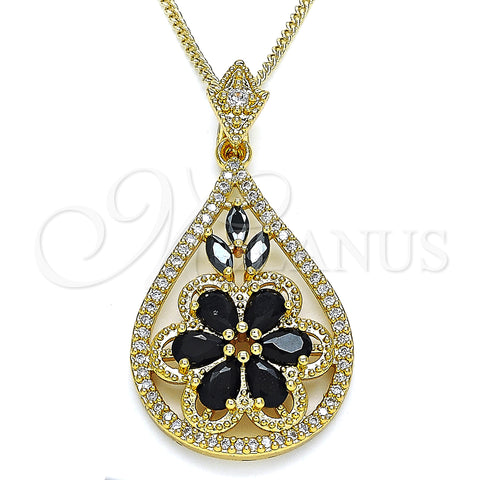 Oro Laminado Pendant Necklace, Gold Filled Style Teardrop and Flower Design, with Black and White Cubic Zirconia, Polished, Golden Finish, 04.283.0021.1.20 (02 MM Thickness, 20 Inches Length)
