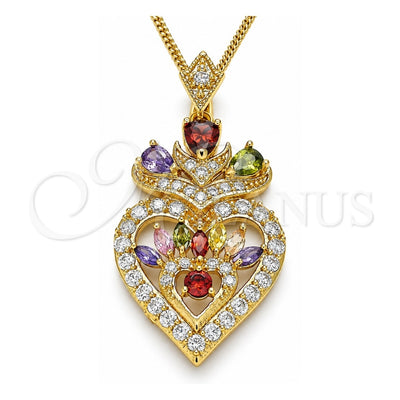Oro Laminado Pendant Necklace, Gold Filled Style Heart and Teardrop Design, with Multicolor Cubic Zirconia, Polished, Golden Finish, 04.283.0026.2.20 (02 MM Thickness, 20 Inches Length)
