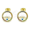 Oro Laminado Stud Earring, Gold Filled Style Evil Eye Design, with Multicolor Micro Pave, Blue Enamel Finish, Golden Finish, 02.341.0043