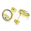 Oro Laminado Stud Earring, Gold Filled Style Evil Eye Design, with Multicolor Micro Pave, Blue Enamel Finish, Golden Finish, 02.341.0043