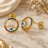 Oro Laminado Stud Earring, Gold Filled Style Evil Eye Design, with Multicolor Micro Pave, Blue Enamel Finish, Golden Finish, 02.341.0043
