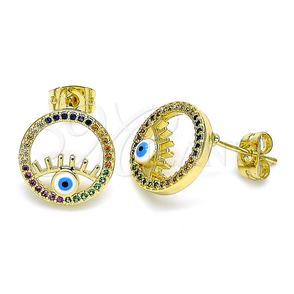 Oro Laminado Stud Earring, Gold Filled Style Evil Eye Design, with Multicolor Micro Pave, Blue Enamel Finish, Golden Finish, 02.341.0043