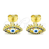 Oro Laminado Stud Earring, Gold Filled Style Evil Eye Design, with Multicolor Micro Pave, White Enamel Finish, Golden Finish, 02.341.0044