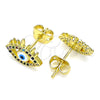 Oro Laminado Stud Earring, Gold Filled Style Evil Eye Design, with Multicolor Micro Pave, White Enamel Finish, Golden Finish, 02.341.0044