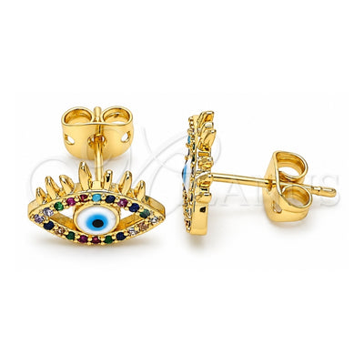 Oro Laminado Stud Earring, Gold Filled Style Evil Eye Design, with Multicolor Micro Pave, White Enamel Finish, Golden Finish, 02.341.0044