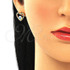 Oro Laminado Stud Earring, Gold Filled Style Evil Eye and Heart Design, with Multicolor Micro Pave, White Enamel Finish, Golden Finish, 02.341.0045